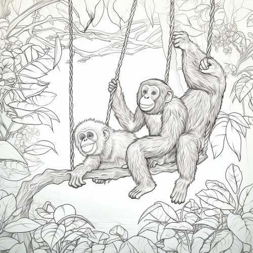 Two girls swinging in jungle with chimpanzee