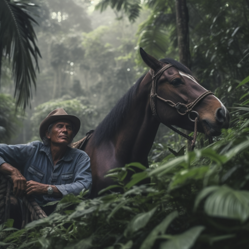 Midjourney prompt featuring man and horse in jungle