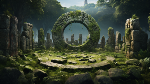 Photorealistic jungle stone circle with scattered meat Photorealistic jungle stone circle with scattered meat