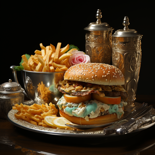 Still Life of Junk Food in Expensive Dishes