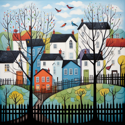 Colorful Karla Gerard painting of houses, trees, fence, blackbird