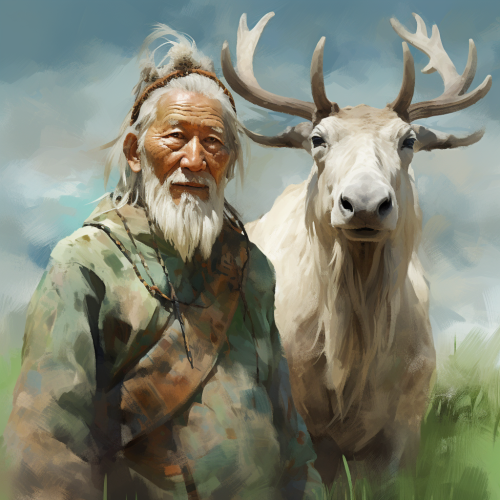 Old Kazakh Nomad with White Beard and Pointy Wizard Hat