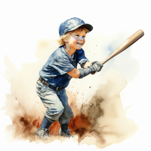 Kid hitting baseball in watercolor style