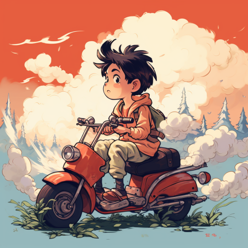 Kid smoking cigarette on moped Ghibli style