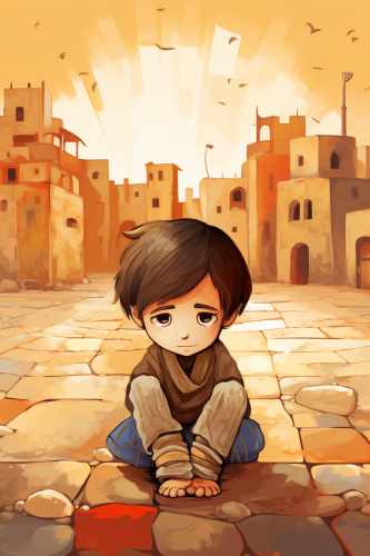 Cartoon of a kid squatting in a desert old town