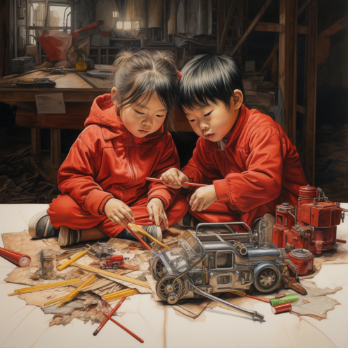 Two kids enjoying art with red pencils