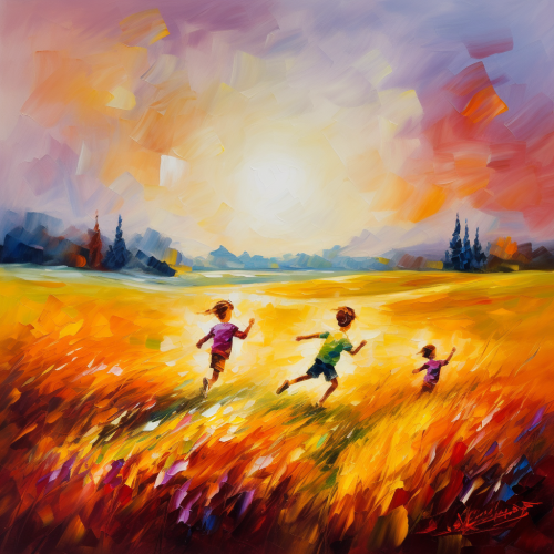 Kids running in field painting Kids running in field painting