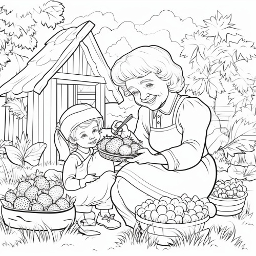 Coloring Page of Kind Grandmother Teaching Granddaughter to Pick Strawberries