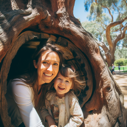 Happy mother and daughter near magical tree door