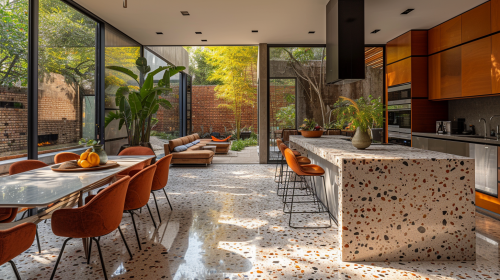 Terrazzo floor and stainless steel benchtops in kitchen