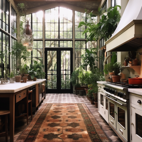 Kitchen with no upper cabinets