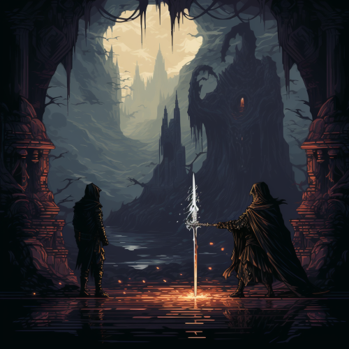 Knight Dueling Dark Wizard Dungeon Pixel Art