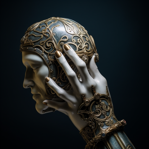 Knight's hand holding a large human brain