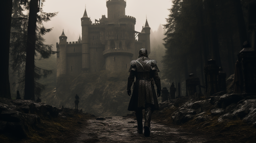 Knight walking in black and white