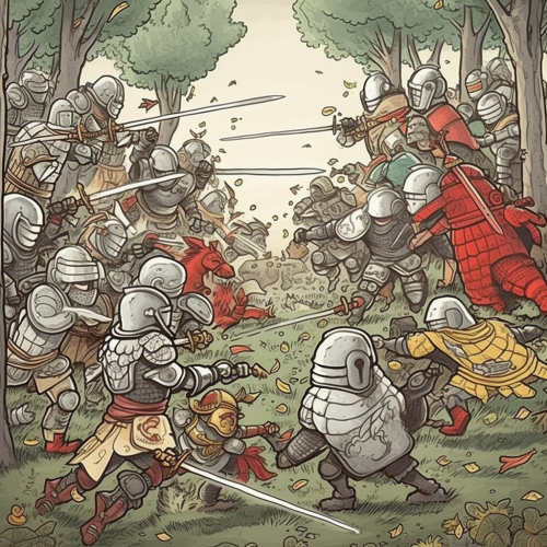 Knights in Ghibli-style fighting scene Knights in Ghibli-style fighting scene