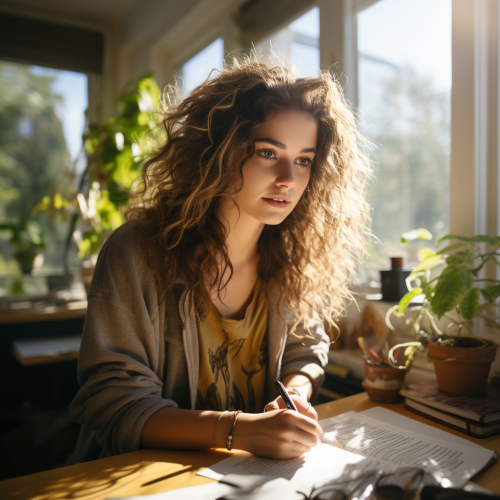 Woman writing in journal in dorm room