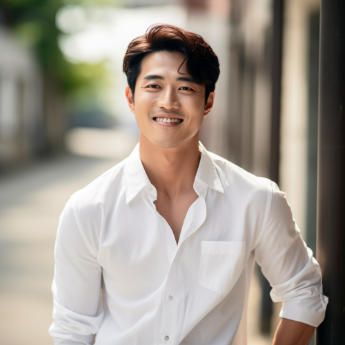 Korean man smiling in white shirt