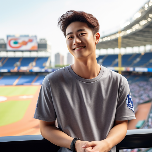 Korean Male Enjoying Baseball Game in Blue T-shirt