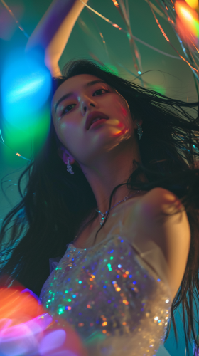 Korean woman dancing in club lights