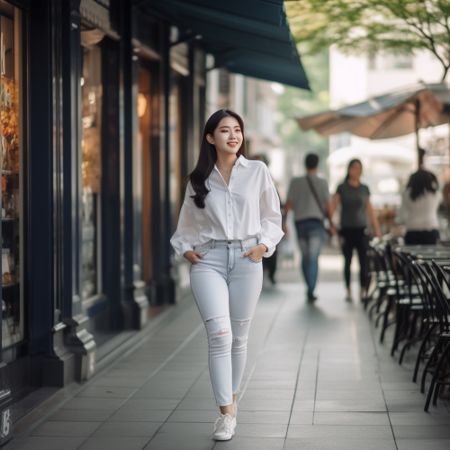 Pretty Korean woman walking in front of city cafe