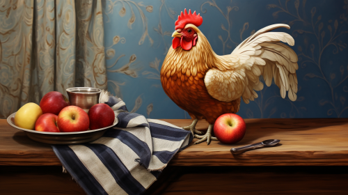 Kosher chicken wearing a tallit and shtreimel with red apple and honey