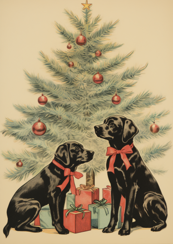 Labrador Retrievers playing around Christmas tree