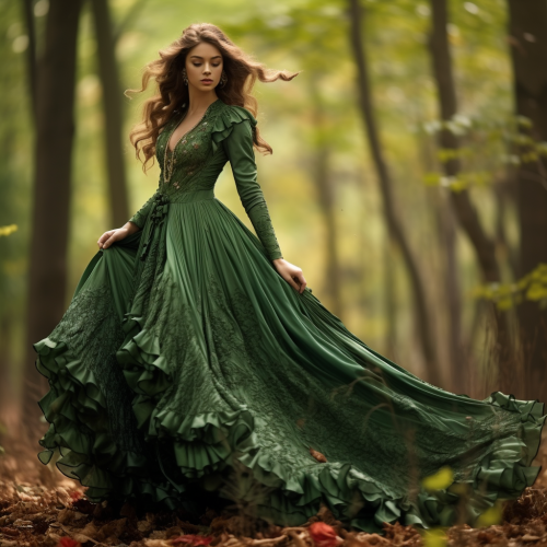 Elegant lady in green dress standing in forest Elegant lady in green dress standing in forest