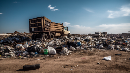 Piles of landfill waste, recyclable materials, and donation items