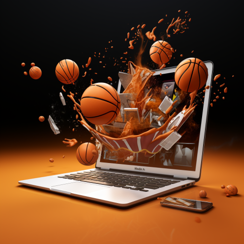 Cartoonish laptop with coffee, basketball, and iPhone