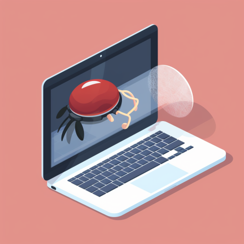 Laptop with magnifying glass zooming to digital bug