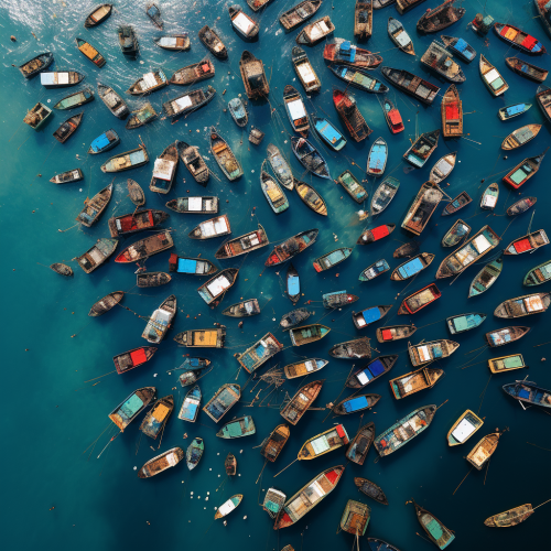 50 large carvels in still ocean