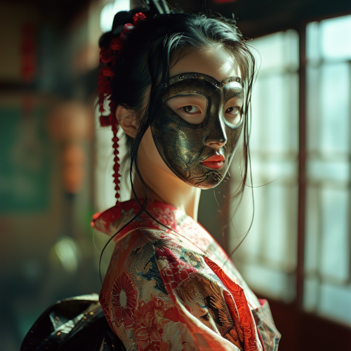Latina geisha in cast iron oni mask