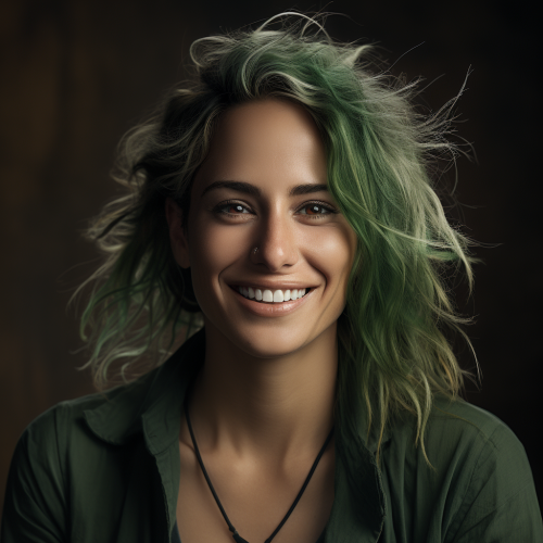 Portrait of Latina Julia Roberts with green hair and dimples