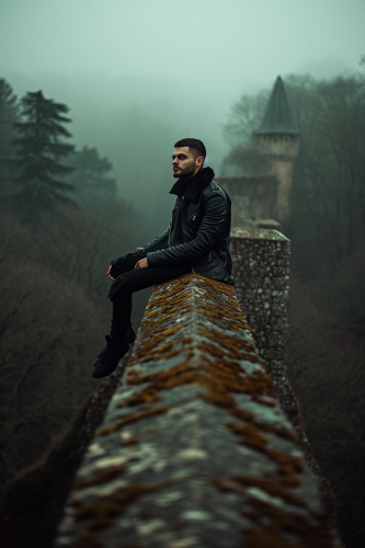 Latino man on narrow stone bridge
