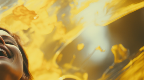 Laughing woman covered in wet red plaster strips