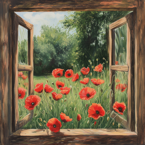Red Poppies on Lawn Window Red Poppies on Lawn Window