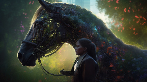 Harmony and Unity: Leader touching horse's mane in lush landscape Harmony and Unity: Leader touching horse's mane in lush landscape