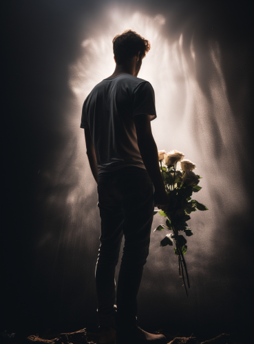 Lean guy holding flower bouquet looking up sadly Lean guy holding flower bouquet looking up sadly
