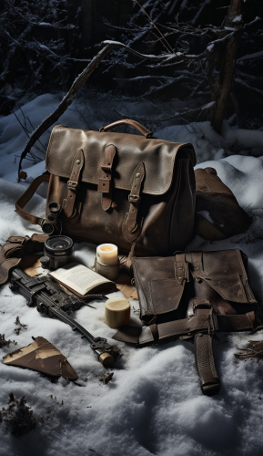 Leather satchel with tools in snow Leather satchel with tools in snow