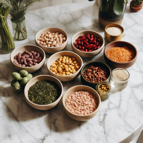 Assorted legumes on marble countertop