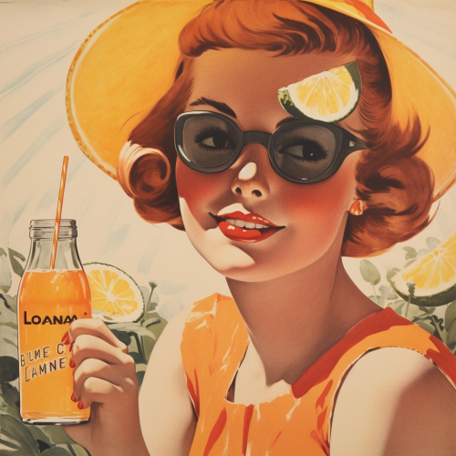 Lemonade advertisement with glass, bottle, oranges, and sun