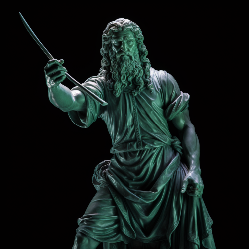 Statue of Leonardo da Vinci aiming with spear