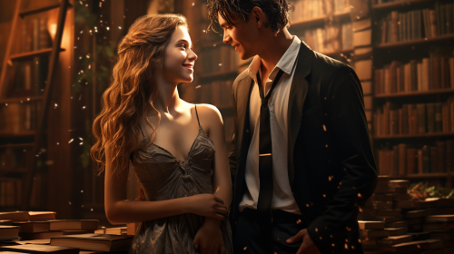 Smiling couple in library illustration