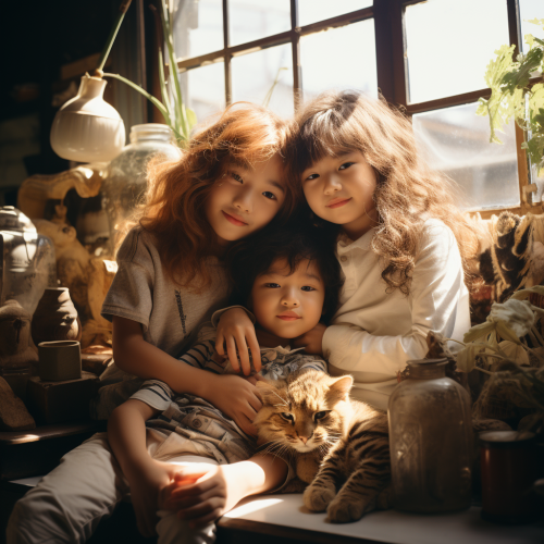 Asian lesbian couple and child hugging in botanical room