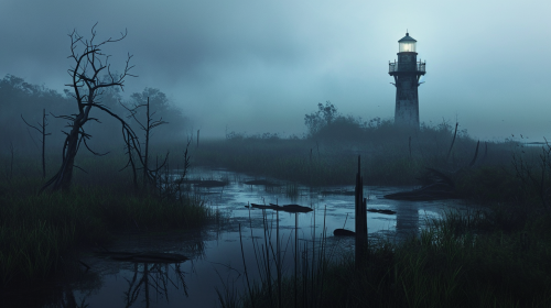 Lighthouse in swamp at dusk