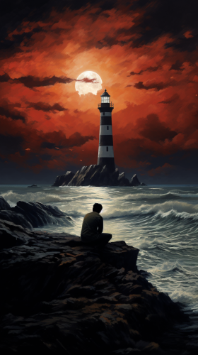 Enchanting lighthouse gazing into dark moonlit horizon Enchanting lighthouse gazing into dark moonlit horizon