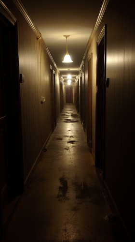 Mysterious house corridor with dim lighting