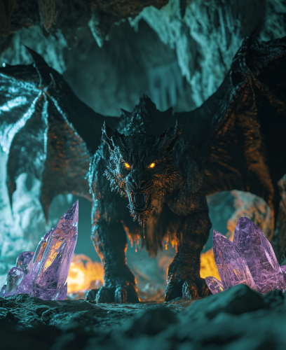 Half lion, half bat creature with purple crystals in moody cave Half lion, half bat creature with purple crystals in moody cave