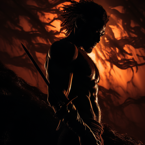 Silhouette of a Powerful Lion-Man surrounded by Flying Knives