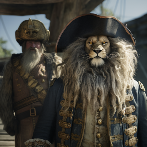 Lion triumphantly stands over goofy pirate